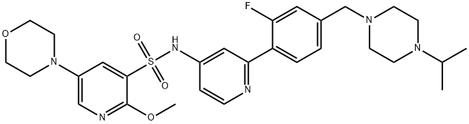 3-Pyridinesulfonamide, N-[2-[2-fluoro-4-[[4-(1-methylethyl)-1-piperazinyl]methyl]phenyl]-4-pyridinyl]-2-methoxy-5-(4-morpholinyl)- 化学構造式