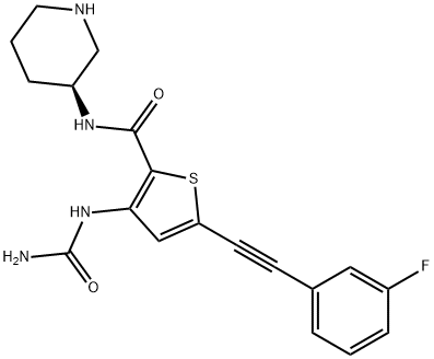 2-Thiophenecarboxamide, 3-[(aminocarbonyl)amino]-5-[2-(3-fluorophenyl)ethynyl]-N-(3S)-3-piperidinyl- Structure