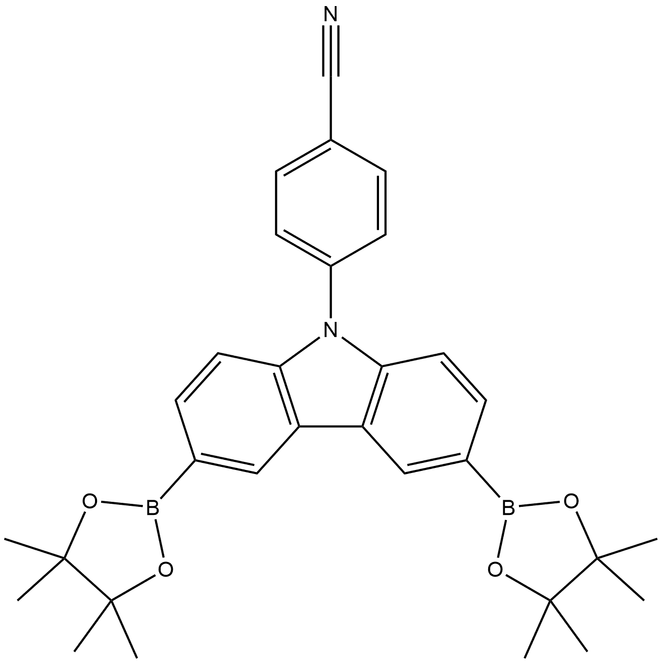 4-[3,6-双(4,4,5,5-四甲基-1,3,2-二氧杂硼烷-2-基)-9H-咔唑-9-基]苄腈 结构式
