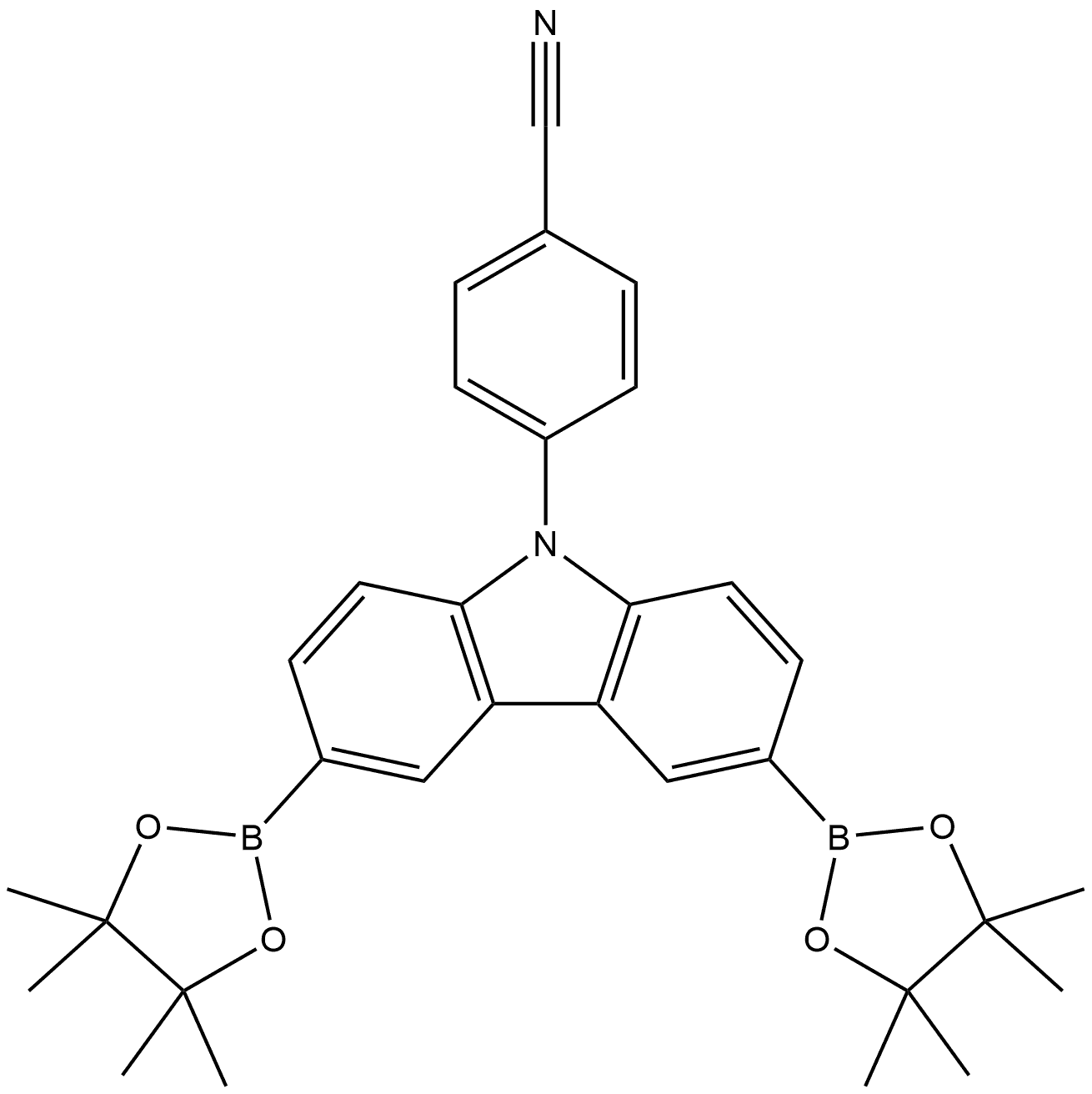 4-[3,6-双(4,4,5,5-四甲基-1,3,2-二氧杂硼烷-2-基)-9H-咔唑-9-基]苄腈, 2133359-83-6, 结构式