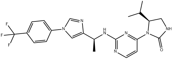 2-Imidazolidinone, 5-(1-methylethyl)-1-[2-[[(1S)-1-[1-[4-(trifluoromethyl)phenyl]-1H-imidazol-4-yl]ethyl]amino]-4-pyrimidinyl]-, (5S)- Structure