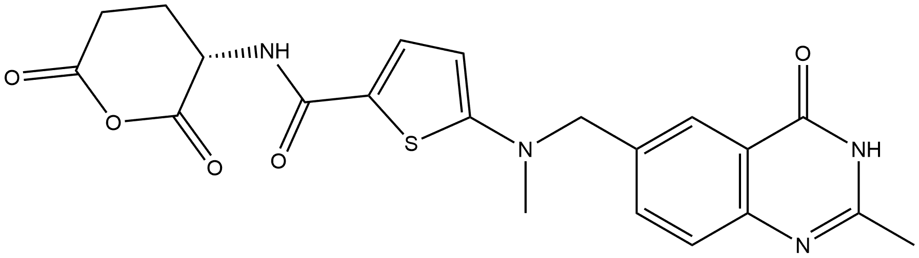 2-Thiophenecarboxamide, 5-[[(3,4-dihydro-2-methyl-4-oxo-6-quinazolinyl)methyl]methylamino]-N-[(3S)-tetrahydro-2,6-dioxo-2H-pyran-3-yl]- Struktur