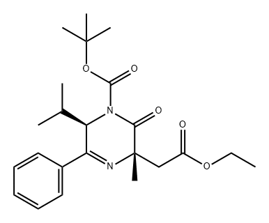 3(2H)-Pyrazineacetic acid, 1-[(1,1-dimethylethoxy)carbonyl]-3,6-dihydro-3-methyl-6-(1-methylethyl)-2-oxo-5-phenyl-, ethyl ester, (3S,6R)- 化学構造式