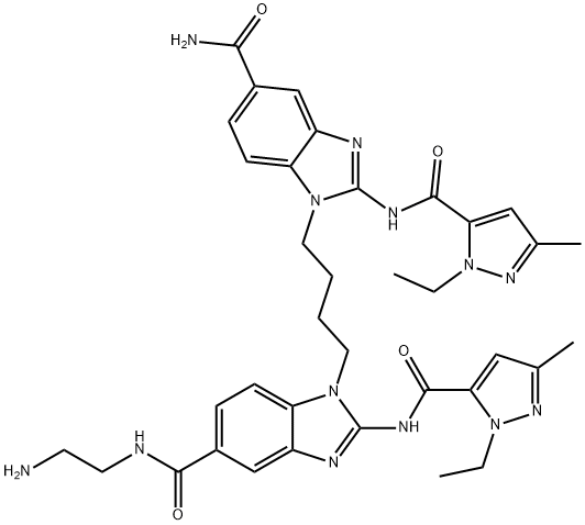 1H-Benzimidazole-5-carboxamide, 1-[4-[5-(aminocarbonyl)-2-[[(1-ethyl-3-methyl-1H-pyrazol-5-yl)carbonyl]amino]-1H-benzimidazol-1-yl]butyl]-N-(2-aminoethyl)-2-[[(1-ethyl-3-methyl-1H-pyrazol-5-yl)carbonyl]amino]- 结构式