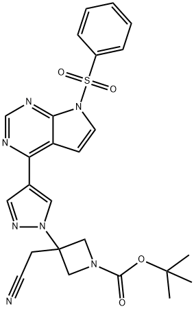 1-Azetidinecarboxylic acid, 3-(cyanomethyl)-3-[4-[7-(phenylsulfonyl)-7H-pyrrolo[2,3-d]pyrimidin-4-yl]-1H-pyrazol-1-yl]-, 1,1-dimethylethyl ester 结构式