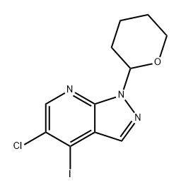 1H-Pyrazolo[3,4-b]pyridine, 5-chloro-4-iodo-1-(tetrahydro-2H-pyran-2-yl)- 化学構造式