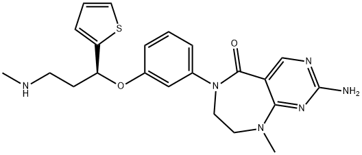 5H-Pyrimido[4,5-e][1,4]diazepin-5-one, 2-amino-6,7,8,9-tetrahydro-9-methyl-6-[3-[(1S)-3-(methylamino)-1-(2-thienyl)propoxy]phenyl]- Struktur