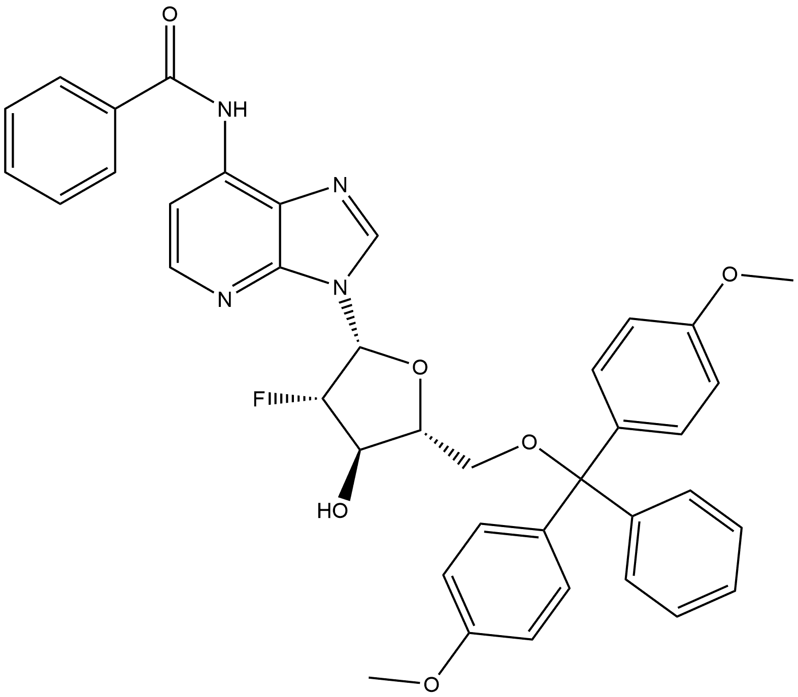 Benzamide, N-[3-[5-O-[bis(4-methoxyphenyl)phenylmethyl]-2-deoxy-2-fluoro-β-D-arabinofuranosyl]-3H-imidazo[4,5-b]pyridin-7-yl]- Struktur