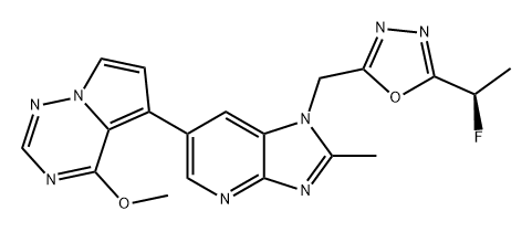 1H-Imidazo[4,5-b]pyridine, 1-[[5-[(1R)-1-fluoroethyl]-1,3,4-oxadiazol-2-yl]methyl]-6-(4-methoxypyrrolo[2,1-f][1,2,4]triazin-5-yl)-2-methyl- Struktur