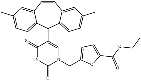 2-Furancarboxylic acid, 5-[[5-(2,8-dimethyl-5H-dibenzo[a,d]cyclohepten-5-yl)-3,4-dihydro-2-oxo-4-thioxo-1(2H)-pyrimidinyl]methyl]-, ethyl ester,216658-02-5,结构式