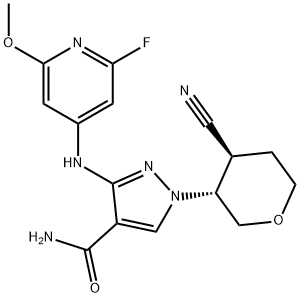1H-Pyrazole-4-carboxamide, 1-[(3R,4S)-4-cyanotetrahydro-2H-pyran-3-yl]-3-[(2-fluoro-6-methoxy-4-pyridinyl)amino]- 化学構造式