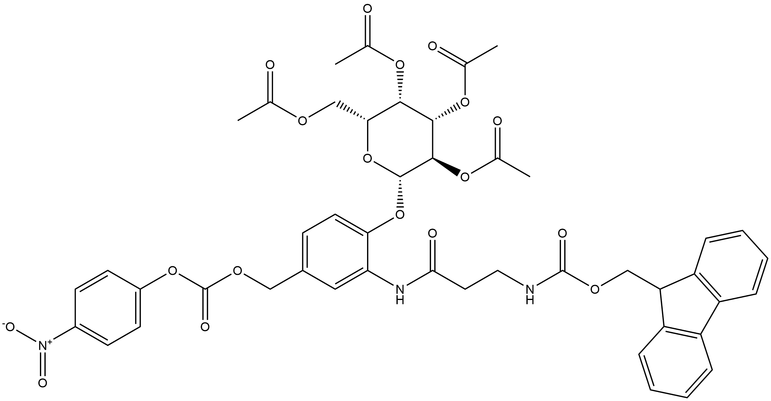 Carbamic acid, N-[3-[[5-[[[(4-nitrophenoxy)carbonyl]oxy]methyl]-2-[(2,3,4,6-tetra-O-acetyl-β-D-galactopyranosyl)oxy]phenyl]amino]-3-oxopropyl]-, 9H-fluoren-9-ylmethyl ester,2169723-91-3,结构式