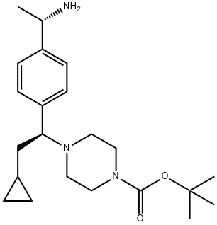 1-Piperazinecarboxylic acid, 4-[(1S)-1-[4-[(1S)-1-aminoethyl]phenyl]-2-cyclopropylethyl]-, 1,1-dimethylethyl ester Structure