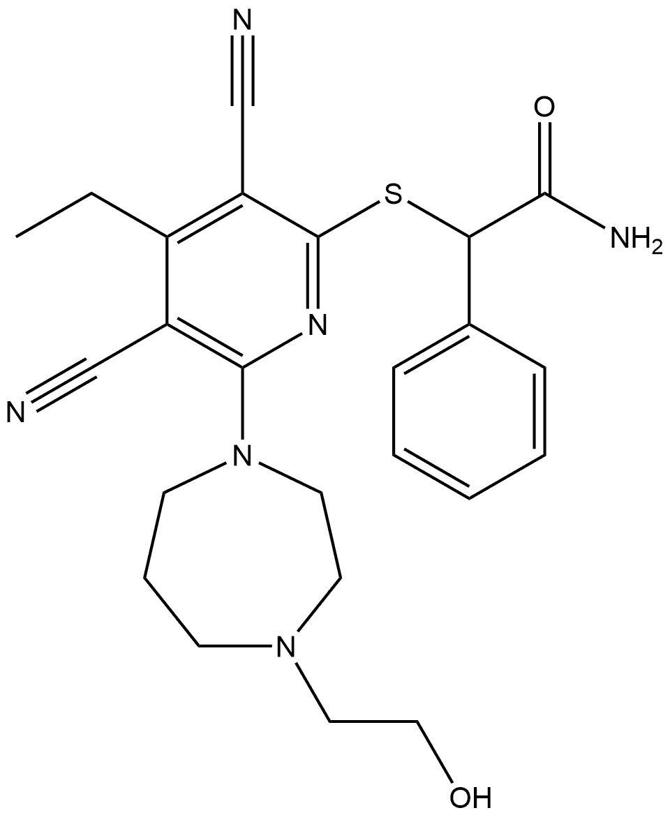 α-[[3,5-Dicyano-4-ethyl-6-[hexahydro-4-(2-hydroxyethyl)-1H-1,4-diazepin-1-yl]-2-pyridinyl]thio]benzeneacetamide 化学構造式