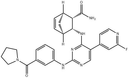 Bicyclo[2.2.1]hept-5-ene-2-carboxamide, 3-[[5-(2-fluoro-4-pyridinyl)-2-[[3-(1-pyrrolidinylcarbonyl)phenyl]amino]-4-pyrimidinyl]amino]-, (1S,2S,3R,4R)- Structure