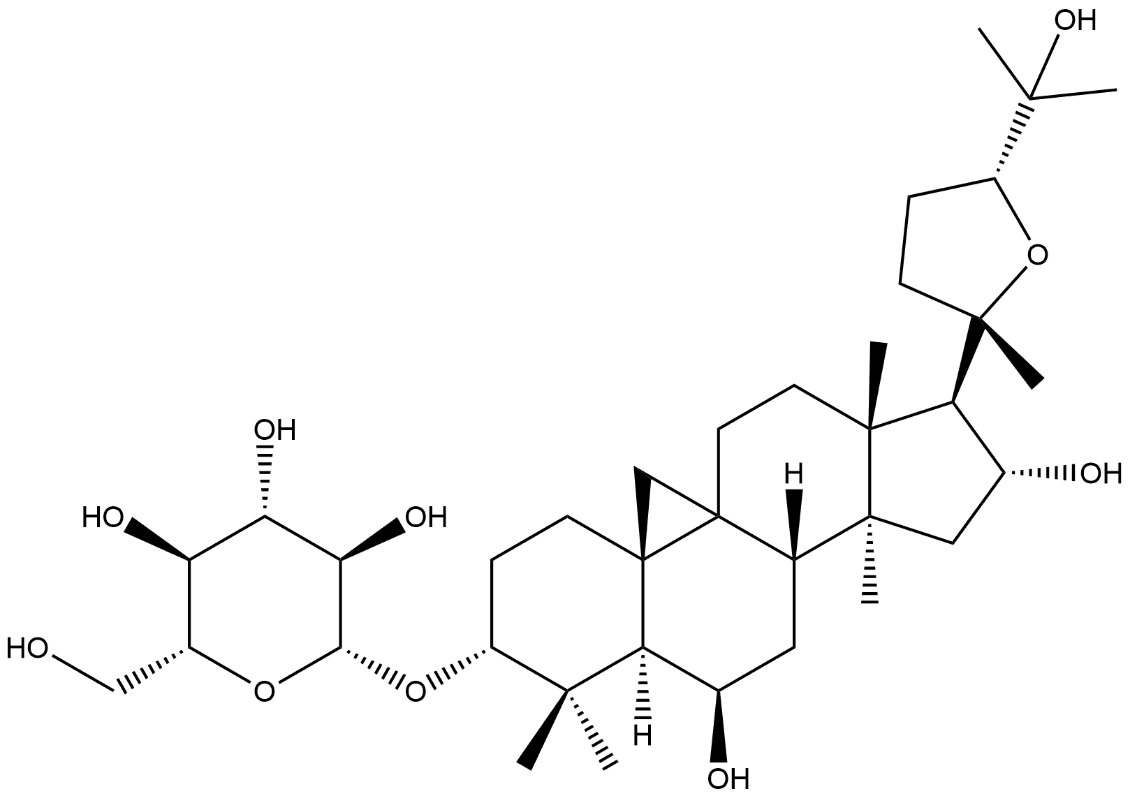 (3β,6α,8α,16β,24R)-20,24-Epoxy-6,16,25-trihydroxy-9,19-cyclolanostan-3-yl β-D-glucopyranoside Structure