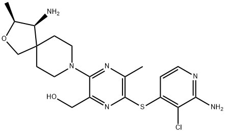 2-Pyrazinemethanol, 6-[(2-amino-3-chloro-4-pyridinyl)thio]-3-[(3S,4S)-4-amino-3-methyl-2-oxa-8-azaspiro[4.5]dec-8-yl]-5-methyl- 化学構造式