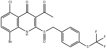 4(1H)-Quinolinone, 3-acetyl-8-bromo-5-chloro-2-[[[4-[(trifluoromethyl)thio]phenyl]methyl]sulfinyl]- 化学構造式