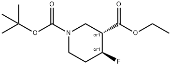 rac-1-tert-butyl 3-ethyl (3R,4S)-4-fluoropiperidine-1,3-dicarboxylate, trans 化学構造式