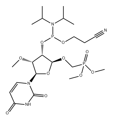 Phosphonic acid, P-[[[(2R,3S,4R,5R)-3-[[[bis(1-methylethyl)amino](2-cyanoethoxy)phosphino]oxy]-5-(3,4-dihydro-2,4-dioxo-1(2H)-pyrimidinyl)tetrahydro-4-methoxy-2-furanyl]oxy]methyl]-, dimethyl ester Structure