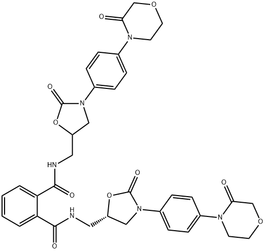 1,2-Benzenedicarboxamide, N1-[[(5S)-2-oxo-3-[4-(3-oxo-4-morpholinyl)phenyl]-5-oxazolidinyl]methyl]-N2-[[2-oxo-3-[4-(3-oxo-4-morpholinyl)phenyl]-5-oxazolidinyl]methyl]- Struktur