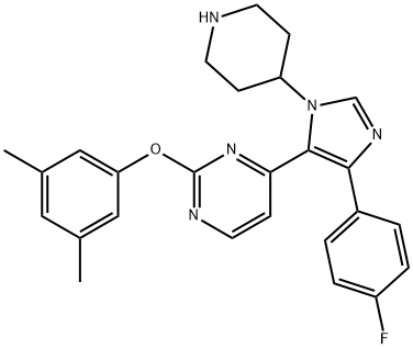 Pyrimidine, 2-(3,5-dimethylphenoxy)-4-[4-(4-fluorophenyl)-1-(4-piperidinyl)-1H-imidazol-5-yl]- Structure