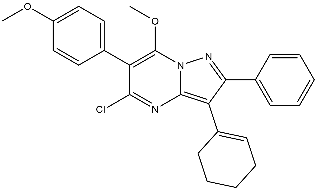 5-chloro-3-(cyclohex-1-en-1-yl)-7-methoxy-6-(4-methoxyphenyl)-2-phenylpyrazolo[1,5-a]pyrimidine Struktur
