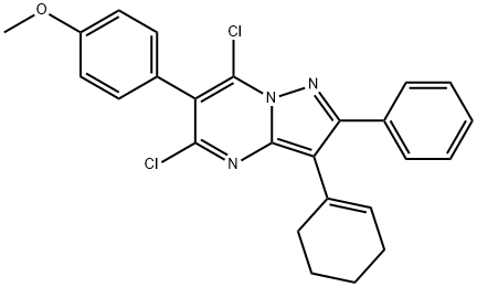 5,7-dichloro-3-(cyclohex-1-en-1-yl)-6-(4-methoxyphenyl)-2-phenylpyrazolo[1,5-a]pyrimidine Struktur
