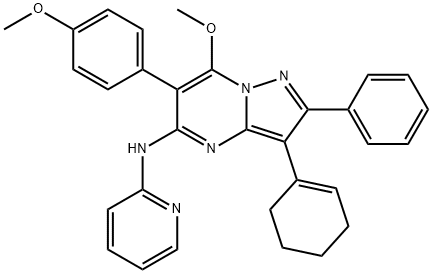 Pyrazolo[1,5-a]pyrimidin-5-amine, 3-(1-cyclohexen-1-yl)-7-methoxy-6-(4-methoxyphenyl)-2-phenyl-N-2-pyridinyl- Struktur