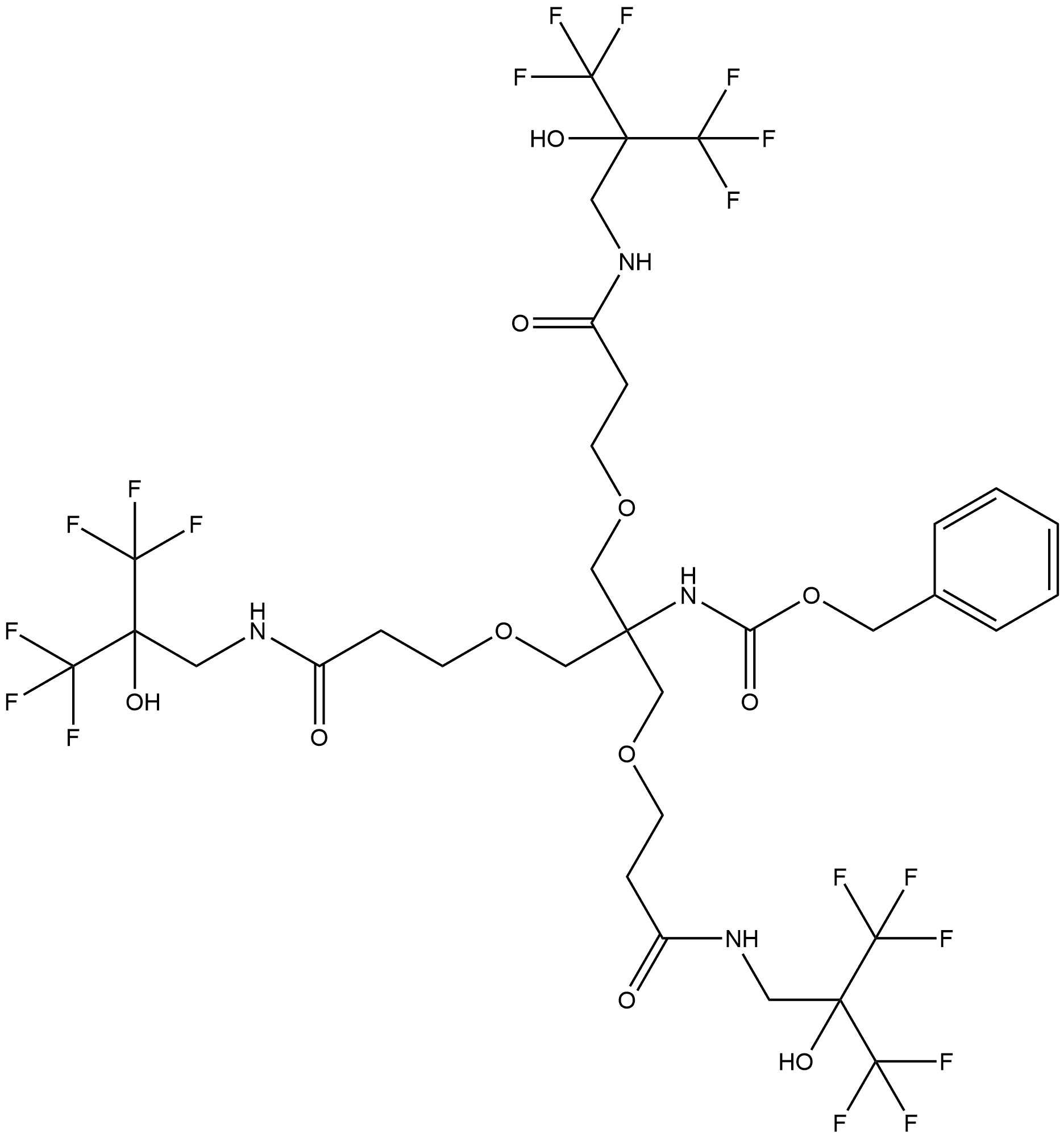 2-[3-oxo-3-[[3,3,3-trifluoro-2-hydroxy-2-(trifluoromethyl)propyl]amino]propoxy]-1,1-bis[[3-oxo-3-[[3,3,3-trifluoro-2-hydroxy-2-(trifluoromethyl)propyl]amino]propoxy]methyl]ethyl]-Carbamic acid phenylmethyl ester,220431-69-6,结构式