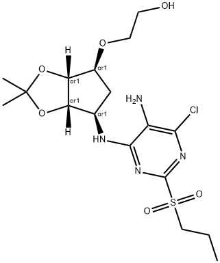 Ethanol, 2-[[(3aR,4S,6R,6aS)-6-[[5-amino-6-chloro-2-(propylsulfonyl)-4-pyrimidinyl]amino]tetrahydro-2,2-dimethyl-4H-cyclopenta-1,3-dioxol-4-yl]oxy]-, rel- Struktur