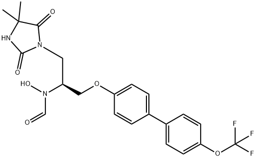 N-[(S)-1-[4′-(トリフルオロメトキシ)-4-ビフェニリルオキシメチル]-2-[2,4-ジオキソ-5,5-ジメチル-1-イミダゾリジニル]エチル]-N-ヒドロキシホルムアミド 化学構造式
