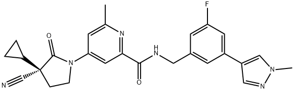 2-Pyridinecarboxamide, 4-[(3S)-3-cyano-3-cyclopropyl-2-oxo-1-pyrrolidinyl]-N-[[3-fluoro-5-(1-methyl-1H-pyrazol-4-yl)phenyl]methyl]-6-methyl- Struktur
