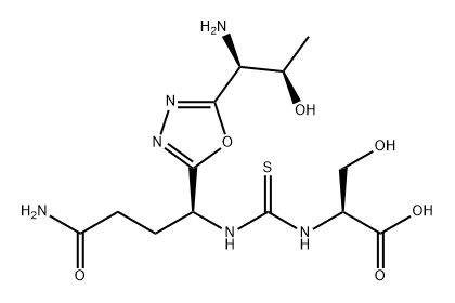 L-Serine, N-[[[(1S)-4-amino-1-[5-[(1S,2R)-1-amino-2-hydroxypropyl]-1,3,4-oxadiazol-2-yl]-4-oxobutyl]amino]thioxomethyl]- 化学構造式