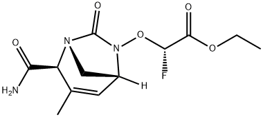 Acetic acid, 2-[[(1R,2S,5R)-2-(aminocarbonyl)-
3-methyl-7-oxo-1,6-diazabicyclo[3.2.1]oct-3-
en-6-yl]oxy]-2-fluoro-, ethyl ester, (2S)- Structure