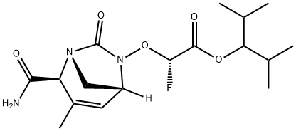 Acetic acid, 2-[[(1R,2S,5R)-2-(aminocarbonyl)-
3-methyl-7-oxo-1,6-diazabicyclo[3.2.1]oct-3-
en-6-yl]oxy]-2-fluoro-, 2-methyl-1-(1-methyl
ethyl)propyl ester, (2S)- Structure