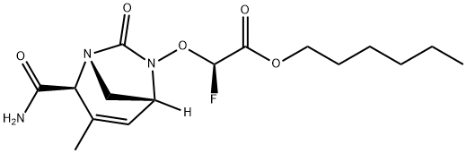 Acetic acid, 2-[[(1R,2S,5R)-2-(aminocarbonyl)-
3-methyl-7-oxo-1,6-diazabicyclo[3.2.1]oct-3-
en-6-yl]oxy]-2-fluoro-, hexyl ester, (2R)- Struktur