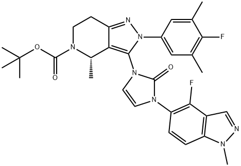 5H-Pyrazolo[4,3-c]pyridine-5-carboxylic acid, 2-(4-fluoro-3,5-dimethylphenyl)-3-[3-(4-fluoro-1-methyl-1H-indazol-5-yl)-2,3-dihydro-2-oxo-1H-imidazol-1-yl]-2,4,6,7-tetrahydro-4-methyl-, 1,1-dimethylethyl ester, (4S)- Struktur