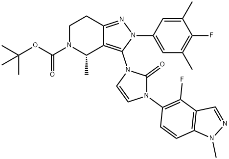 (4S)-2-(4-氟-3,5-二甲基苯基)-3-[3-(4-氟-1-甲基吲唑-5-基)-2-氧代咪唑-1-基]-4-甲基-6,7-二氢-4H-吡唑并[4,3-C]吡啶-5-羧酸叔丁酯 结构式