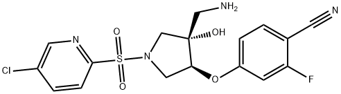 Benzonitrile, 4-[[(3S,4S)-4-(aminomethyl)-1-[(5-chloro-2-pyridinyl)sulfonyl]-4-hydroxy-3-pyrrolidinyl]oxy]-2-fluoro- Struktur