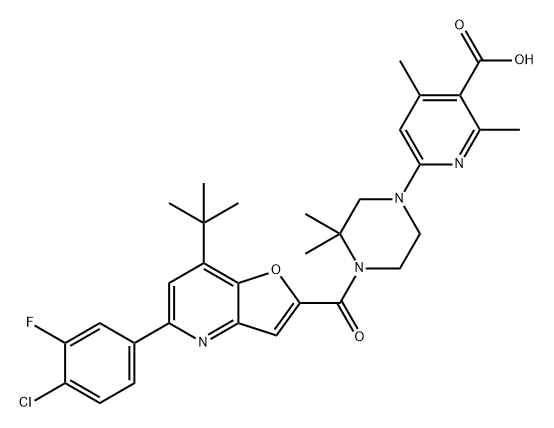 3-Pyridinecarboxylic acid, 6-[4-[[5-(4-chloro-3-fluorophenyl)-7-(1,1-dimethylethyl)furo[3,2-b]pyridin-2-yl]carbonyl]-3,3-dimethyl-1-piperazinyl]-2,4-dimethyl- Structure