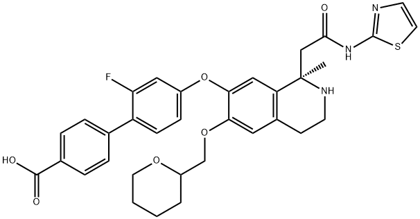 [1,1'-Biphenyl]-4-carboxylic acid, 2'-fluoro-4'-[[(1R)-1,2,3,4-tetrahydro-1-methyl-1-[2-oxo-2-(2-thiazolylamino)ethyl]-6-[(tetrahydro-2H-pyran-2-yl)methoxy]-7-isoquinolinyl]oxy]- Structure