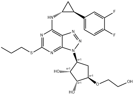 1,2-Cyclopentanediol, 3-[7-[[(1R,2S)-2-(3,4-difluorophenyl)cyclopropyl]amino]-5-(propylthio)-3H-1,2,3-triazolo[4,5-d]pyrimidin-3-yl]-5-(2-hydroxyethoxy)-, (1R,2R,3S,5R)-rel- 化学構造式