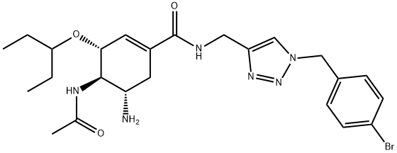 1-Cyclohexene-1-carboxamide, 4-(acetylamino)-5-amino-N-[[1-[(4-bromophenyl)methyl]-1H-1,2,3-triazol-4-yl]methyl]-3-(1-ethylpropoxy)-, (3R,4R,5S)- 化学構造式