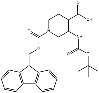 3-{[(tert-butoxy)carbonyl]amino}-1-{[(9H-fluoren-9- yl)methoxy]carbonyl}piperidine-4-carboxylic acid Struktur