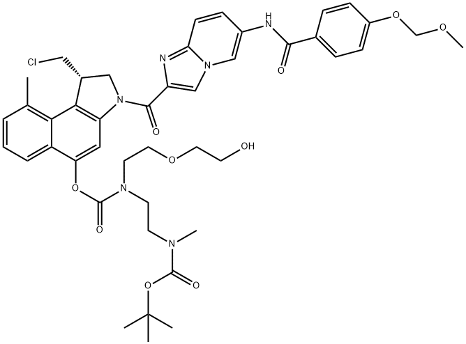 Carbamic acid, N-[2-[[[[(1S)-1-(chloromethyl)-2,3-dihydro-3-[[6-[[4-(methoxymethoxy)benzoyl]amino]imidazo[1,2-a]pyridin-2-yl]carbonyl]-9-methyl-1H-benz[e]indol-5-yl]oxy]carbonyl][2-(2-hydroxyethoxy)ethyl]amino]ethyl]-N-methyl-, 1,1-dimethylethyl ester 结构式