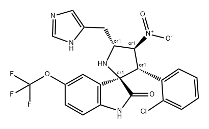 Spiro[3H-indole-3,2'-pyrrolidin]-2(1H)-one, 3'-(2-chlorophenyl)-5'-(1H-imidazol-5-ylmethyl)-4'-nitro-5-(trifluoromethoxy)-, (2'R,3'S,4'S,5'R)-rel- Structure