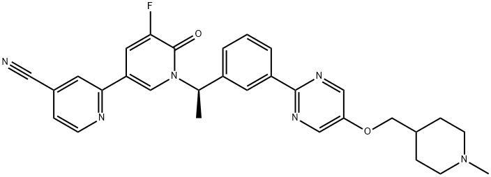 [2,3'-Bipyridine]-4-carbonitrile, 5'-fluoro-1',6'-dihydro-1'-[(1R)-1-[3-[5-[(1-methyl-4-piperidinyl)methoxy]-2-pyrimidinyl]phenyl]ethyl]-6'-oxo-,2225123-30-6,结构式