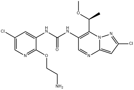 Urea, N-[2-(2-aminoethoxy)-5-chloro-3-pyridinyl]-N'-[2-chloro-7-[(1S)-1-methoxyethyl]pyrazolo[1,5-a]pyrimidin-6-yl]- Struktur