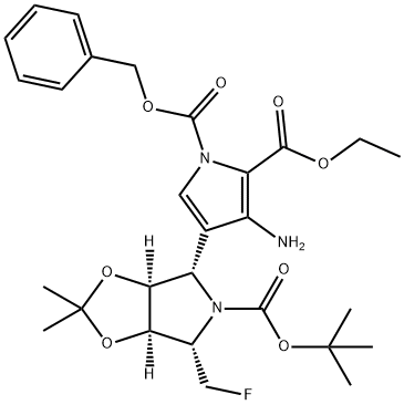 1H-Pyrrole-1,2-dicarboxylic acid, 3-amino-4-(3aS,4S,6S,6aR)-5-(1,1-dimethylethoxy)carbonyl-6-(fluoromethyl)tetrahydro-2,2-dimethyl-4H-1,3-dioxolo4,5-cpyrrol-4-yl-, 2-ethyl 1-(phenylmethyl) ester 结构式